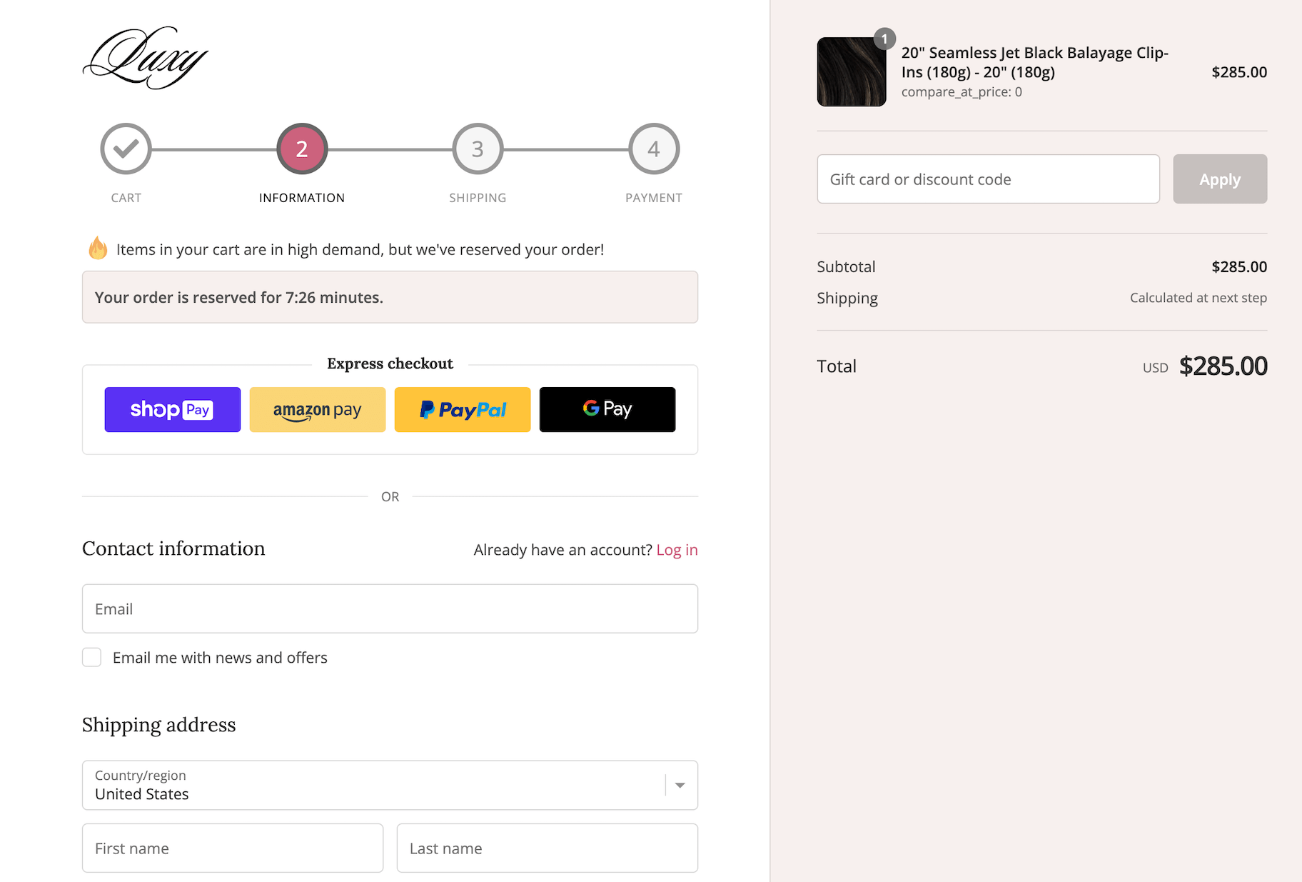 ecommerce checkout timer: Luxy Hair